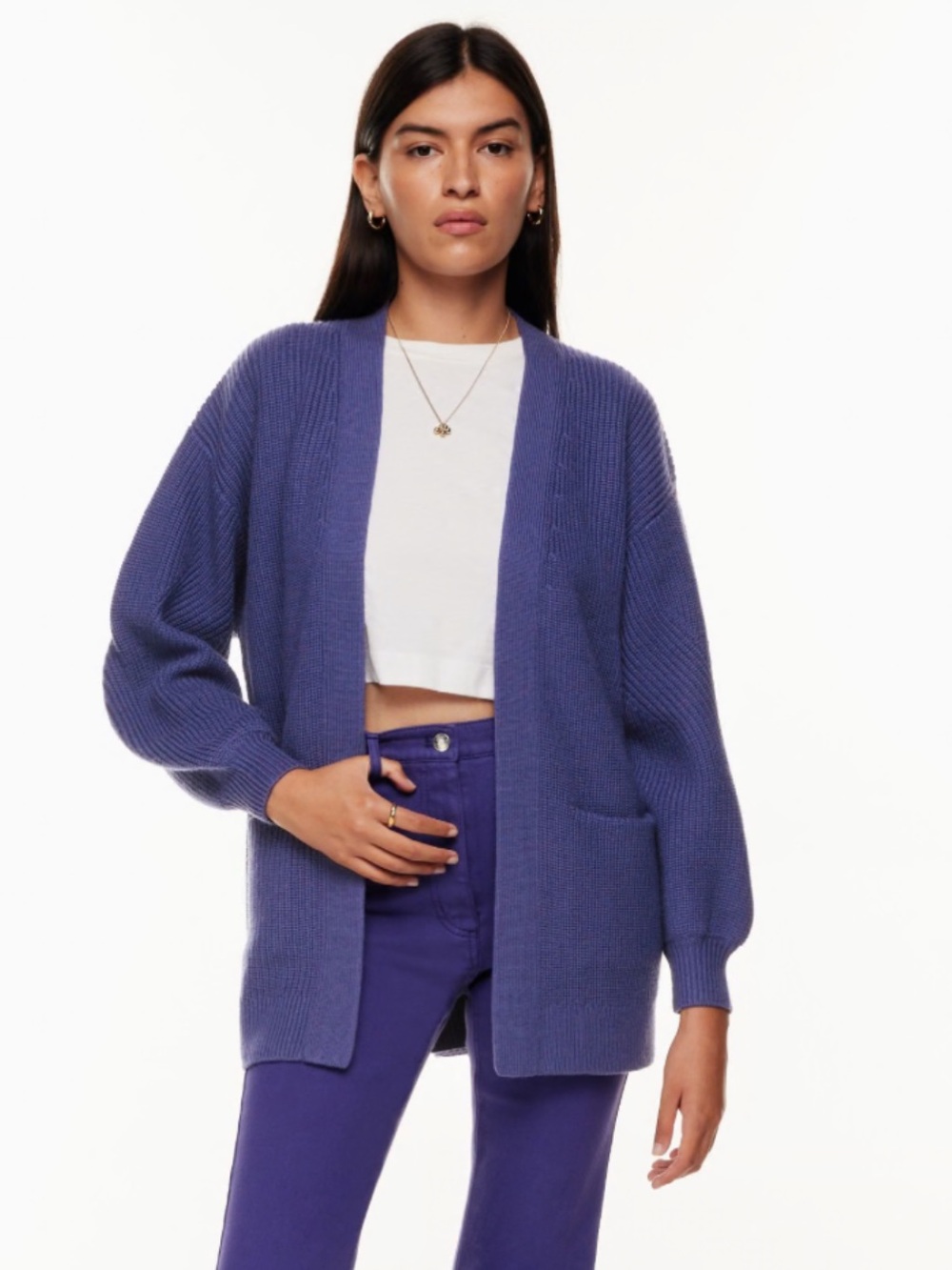 Wilfred Free Unwind Merino Wool Purple Open-Front Cardigan. Size M